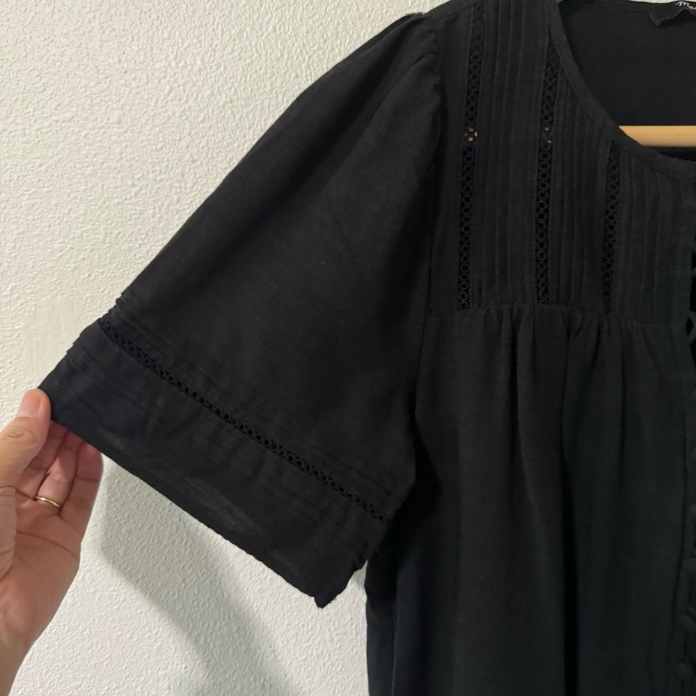 Madewell Pleated Button-Front Shift Dress Black Cotton Viscose Lace Eyelet-XS - Picture 5 of 10